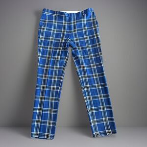 Boohoo Man Pants Mens Size 32R Blue Multi Plaid Slash Pocket Flat Front EUC